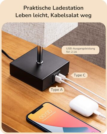 Світлодіодні настільні лампи EDISHINE 2 в 1: сенсорне регулювання яскравості, USB-зарядка, бежево-чорні, для спальні, вітальні